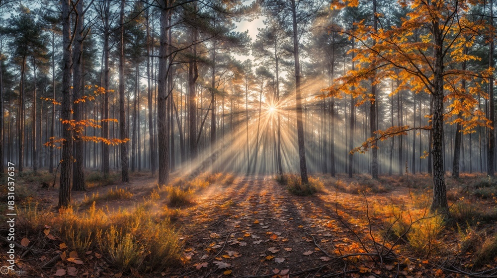 Sunlight filters through tall trees and mist in an autumn forest, casting long shadows and highlighting fall colors