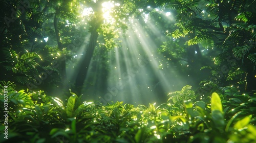 sunlight shining through the trees and foliage in a forest photo