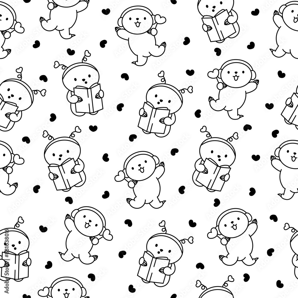Fototapeta premium Cute kawaii baby sloth. Seamless pattern. Coloring Page. Cartoon funny animal character. Hand drawn style. Vector drawing. Design ornaments.