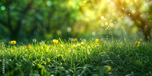 Vibrant green grass with yellow flowers, illuminated by the sunlight