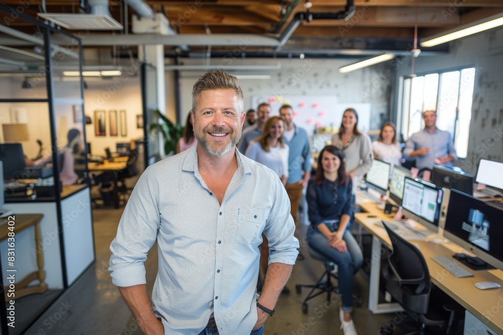 Portrait of smiling businessman standing in office with colleagues in the background Portrait of smiling businessman standing in office with colleagues in the background
