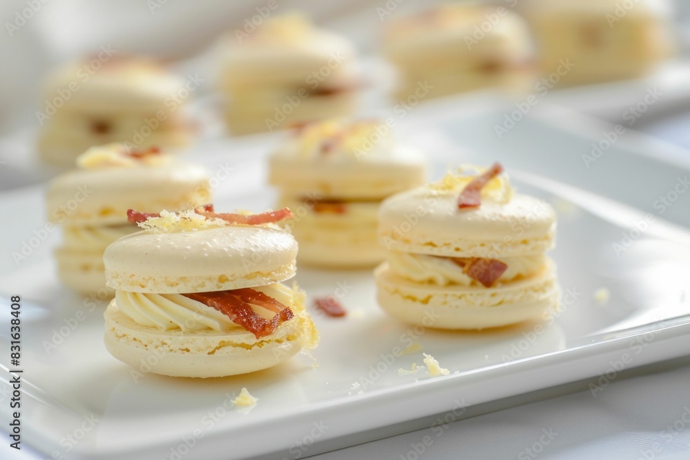 Assortment of delicious macarons on a white plate and tablecloth for a sweet dessert display Assortment of delicious macarons on a white plate and tablecloth for a sweet dessert display