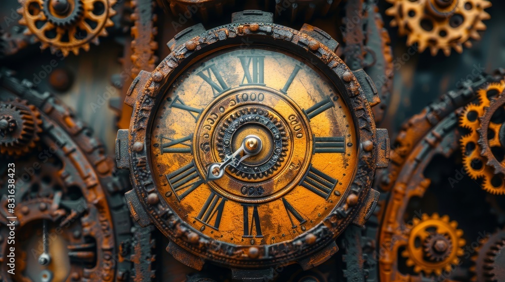 a clock with gears and gears in the background
