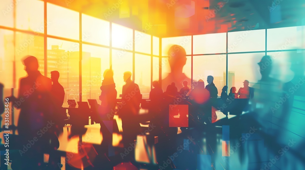 Business presentation with people in a conference room, office interior background, blurred abstract colors of sunset light and sun rays. Abstract digital art concept.