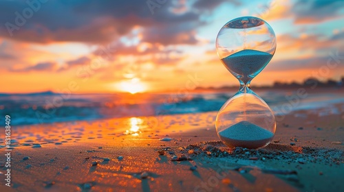 Sand passing through the glass ball of an hourglass with the beach in the background at sunset photo