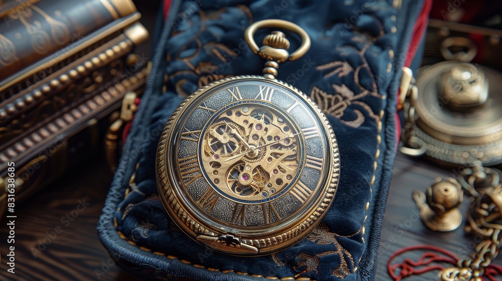 a pocket watch sitting on a velvet case with a chain