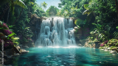a waterfall in a tropical jungle with a pool of water