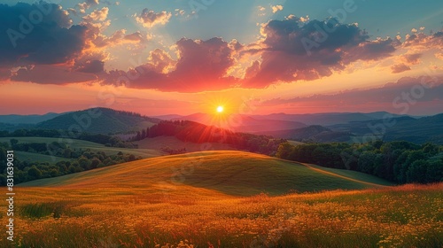 a beautiful sunset over a grassy hill with a field of flowers photo