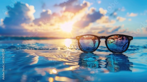 Sunglasses rest on reflective surface with vibrant ocean sunset