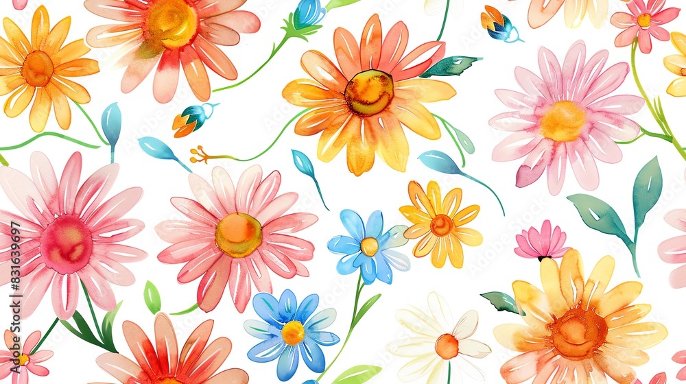 seamless pattern flat watercolor daisies and buds bright vibrant colors