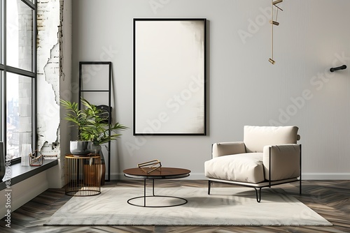 Frame mockup with an optical illusion art piece  adding a conversation starter to a contemporary living room.