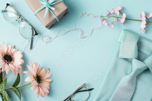 : Set the tone for Father's Day celebrations with a sophisticated flat lay showcasing necktie, glasses, and gift box on light blue. Ideal for promotions, shopping, and conveying heartfelt messages. photo