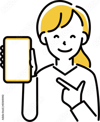 定番　伝わる 人物イラスト　スマホを指さす笑顔の女性　20代　主婦