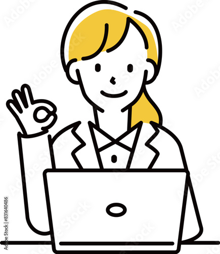  .定番　伝わる 人物イラスト　ノーPCの前でOKポーズ　20代女性