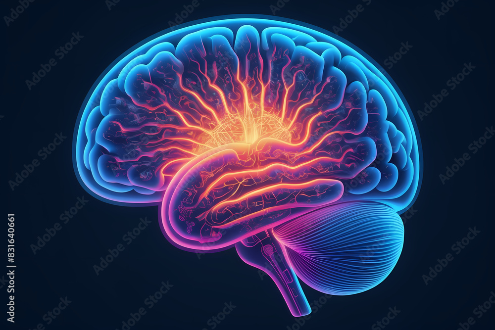 Fototapeta premium Mind Merge: Human Intelligence Meets Artificial Intelligence, human brain, electronic chip fusion