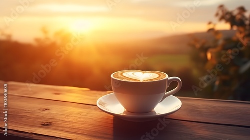 A cup of steaming hot coffee with a latte art heart, placed on a rustic wooden table with a scenic sunset over a rural landscap