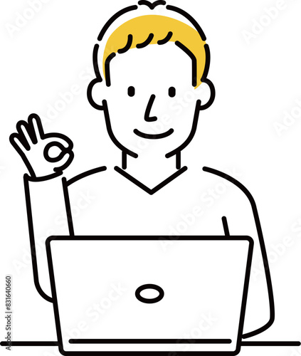 定番　伝わる 人物イラスト　ノーPCの前でOKポーズ　20代