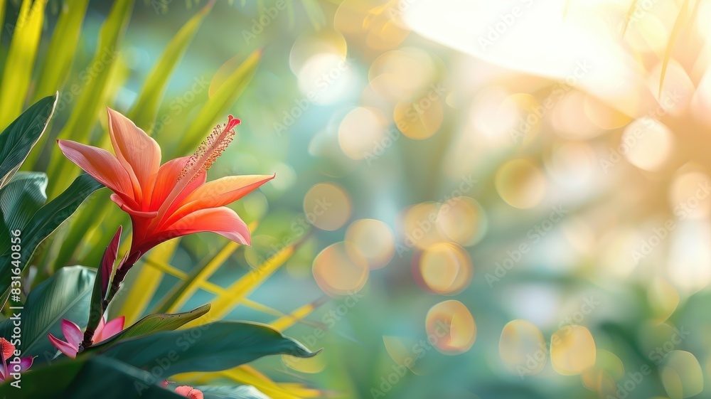Fototapeta premium Vibrant orange flower in sunlight, surrounded by lush green leaves and bokeh effect
