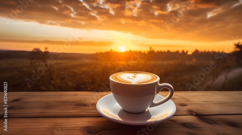 A cup of steaming hot coffee with a latte art heart, placed on a rustic wooden table with a scenic sunset over a rural landscape.