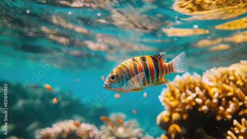 Colorful tropical fish swims near coral in clear blue water