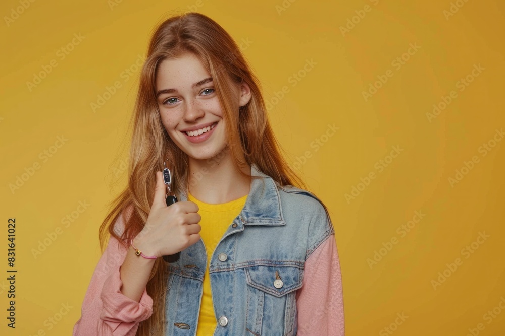 Happy young woman with thumbs up in fashionable portrait on vibrant yellow background for wellness and beauty concept Happy young woman with thumbs up in fashionable portrait on vibrant yellow background for wellness and beauty concept