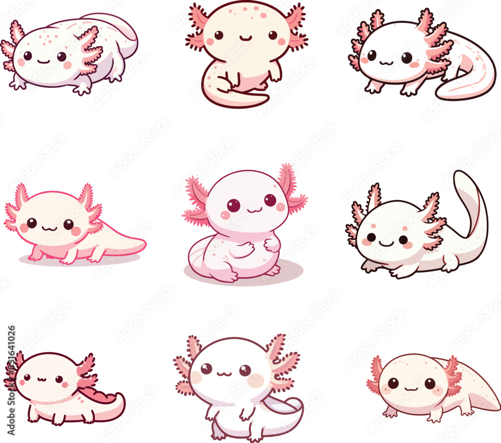 set collection cute cartoon mascot axolotl vector set collection cute cartoon mascot axolotl vector