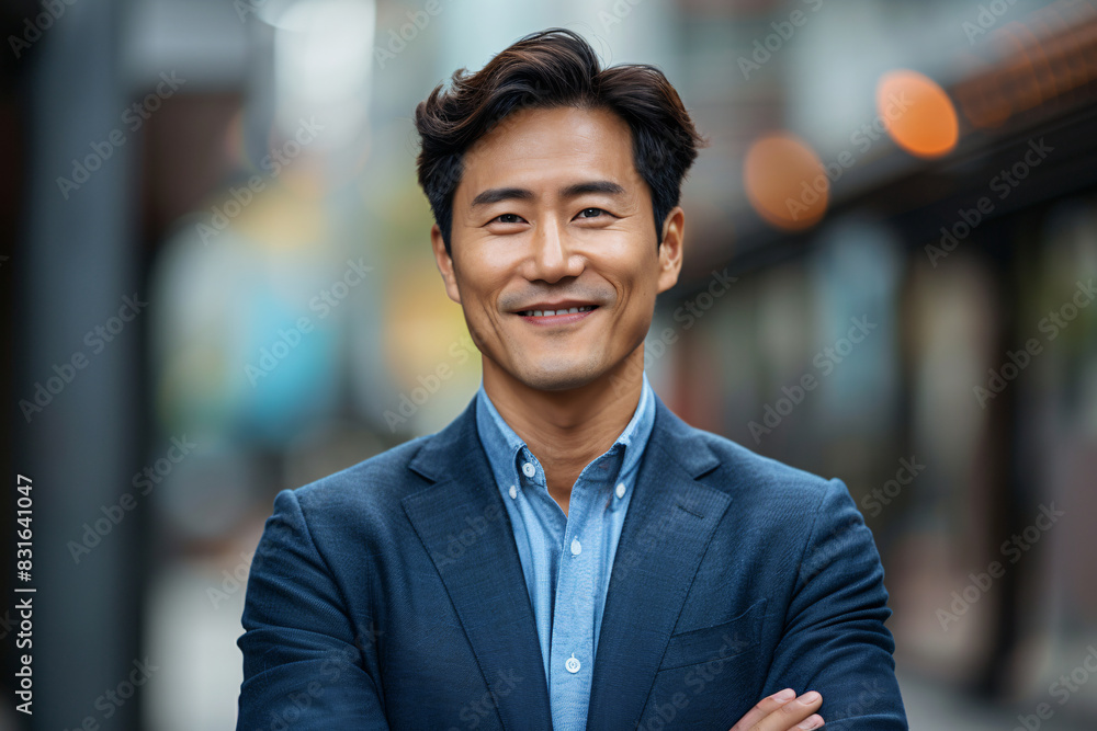 Handsome Young Asian Man in a Blue Suit Smiling Confidently on a Busy City Street with Bokeh Lights Handsome Young Asian Man in a Blue Suit Smiling Confidently on a Busy City Street with Bokeh Lights