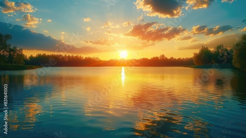Sunset over peaceful lake with reflective water and trees in background photo