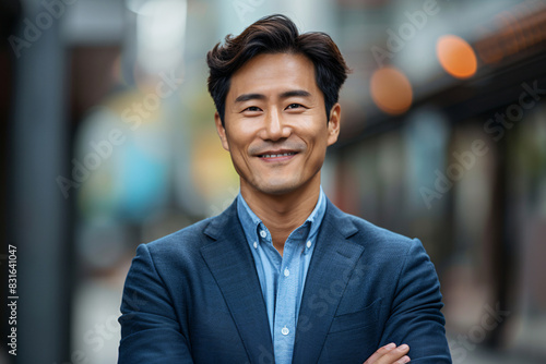 Handsome Young Asian Man in a Blue Suit Smiling Confidently on a Busy City Street with Bokeh Lights