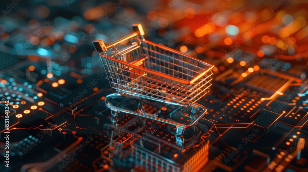 Shopping cart icon on futuristic circuit board digital technology network background Shopping cart icon on futuristic circuit board digital technology network background