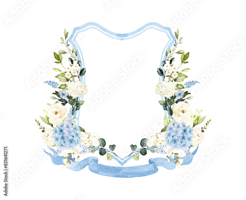 Blue White Hydrangea Watercolor Flowers Wedding Crest template PNG. Wedding Design photo