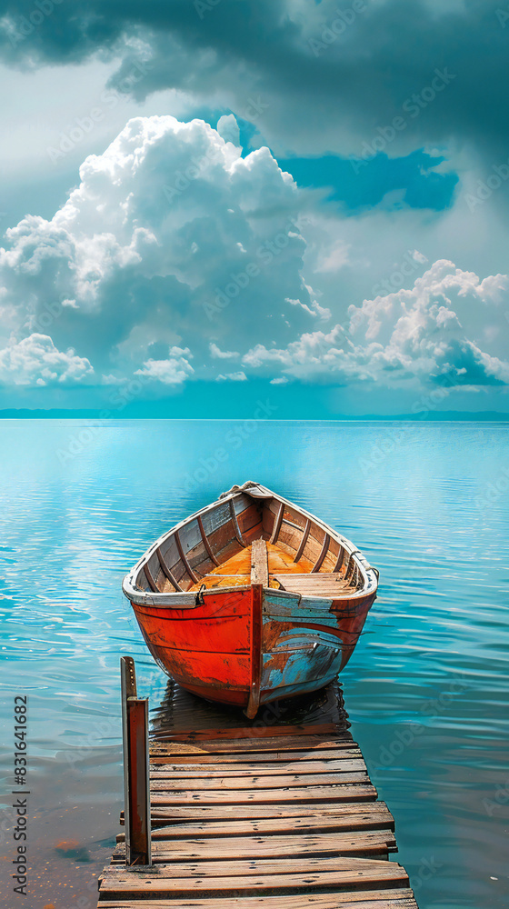 picturesque scene featuring a small red boat moored to a wooden dock, set against the serene backdrop of a calm, turquoise lake. Fluffy white clouds float in the vibrant blue sky, picturesque scene featuring a small red boat moored to a wooden dock, set against the serene backdrop of a calm, turquoise lake. Fluffy white clouds float in the vibrant blue sky,