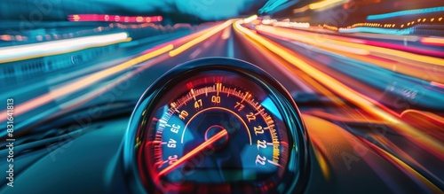 Speedometer scoring high speed in a fast motion blur racetrack background. Speeding Car Background photo