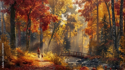 A scenic woodland trail is blanketed with fallen autumn leaves in shades of red.