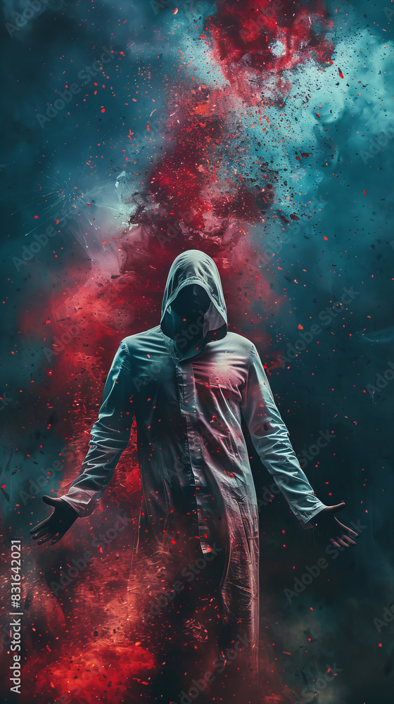 A hooded figure stands in swirling red and blue smoke, face obscured, creating an atmosphere of mystery and intrigue. The scene evokes themes of fantasy and the supernatural A hooded figure stands in swirling red and blue smoke, face obscured, creating an atmosphere of mystery and intrigue. The scene evokes themes of fantasy and the supernatural