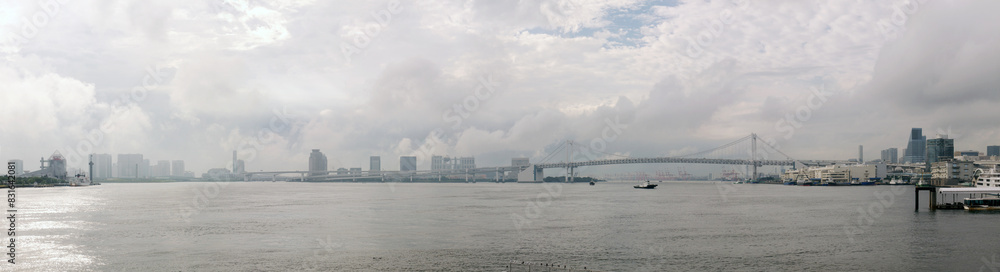 Rainbow Bridge and Tokyo bay panorama with Odaiba island Rainbow Bridge and Tokyo bay panorama with Odaiba island