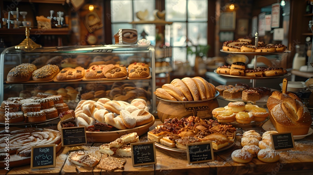 A detailed image of a bakery shop displaying an assortment of freshly baked bread, pastries, and cakes. The glass display cases are filled with beautifully arranged baked goods,