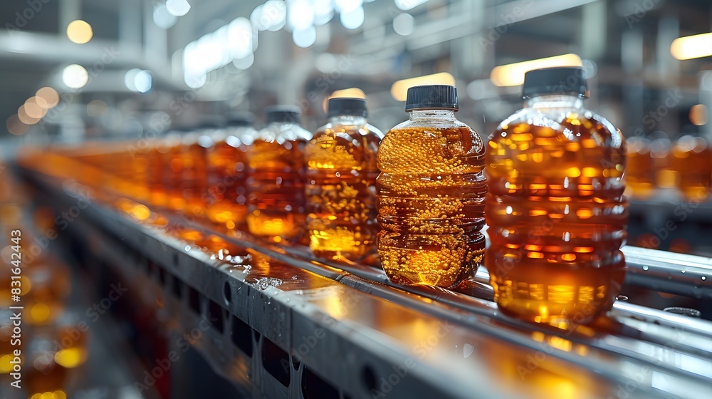 A detailed view of a tea bottling line in a modern, bright factory, with closeup focus on different drink bottles moving along the conveyor belt.