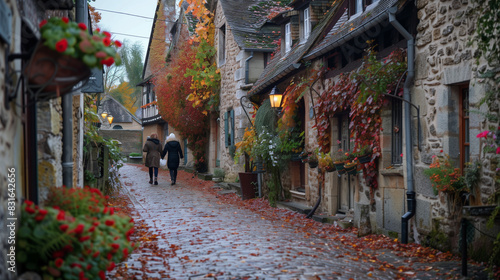 A quaint cobblestone alley in a European village during autumn, lined with old stone houses adorned with ivy and flowering window boxes. Leaves in shades of red, orange, and yellow blanket the ground, © ch3r3d4r4f43l