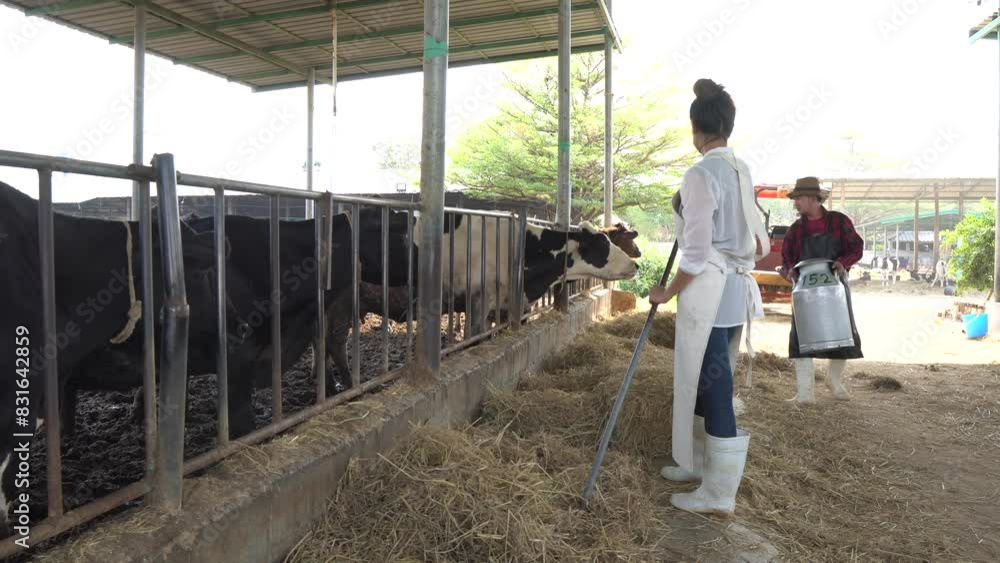 An entrepreneur or a dairy cow business owner is working on a farm,Workers are feeding dairy cows,Farmer takes care of animals An entrepreneur or a dairy cow business owner is working on a farm,Workers are feeding dairy cows,Farmer takes care of animals