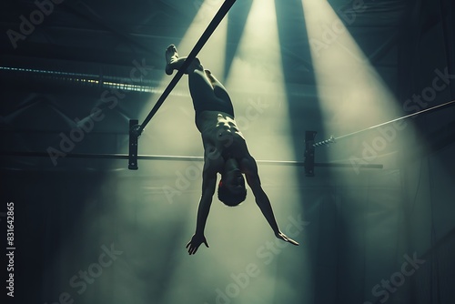 Gymnast performing a breathtaking routine on uneven bars, bathed in a spotlight. photo
