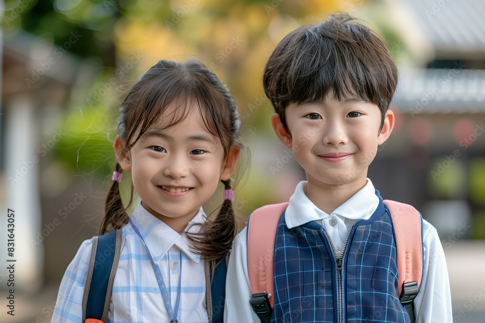 Happy Asian Siblings With Backpacks Ready for Back to School or Hike