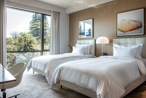 Spacious contemporary room, two sleek beds with white bedding, bold modern art, and a big window flooding the large space with light.