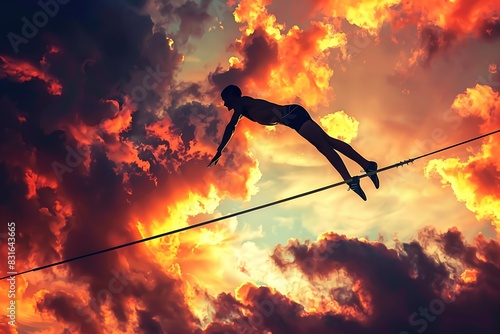 High jump bar suspended in clouds, with a silhouette clearing it against a fiery sunset. photo