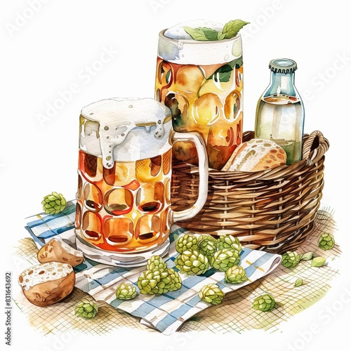 A Beer ingredients having a picnic, watercolor clipart, Isolated on white background