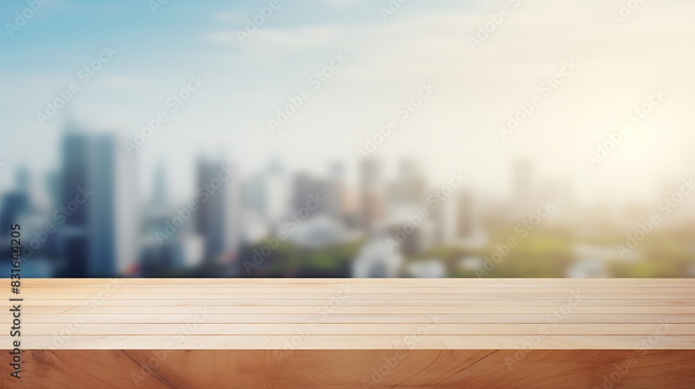 Wood table top on white abstract background form office building.For ...