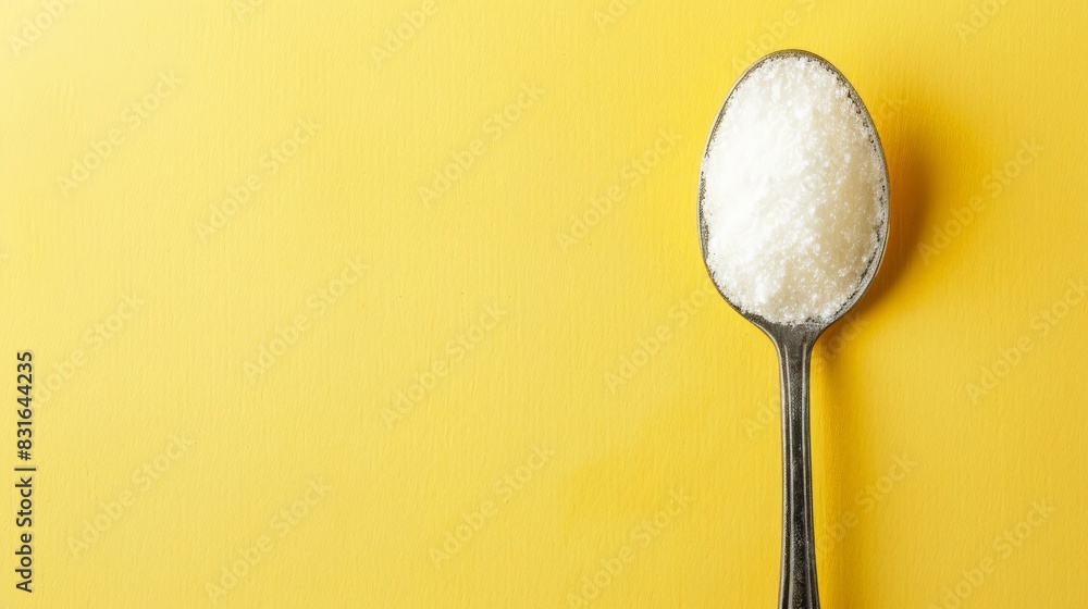 Spoon filled with powdered stevia on a yellow background. Sugar substitutes for healthy and diabetic-friendly diets. Spoon filled with powdered stevia on a yellow background. Sugar substitutes for healthy and diabetic-friendly diets.