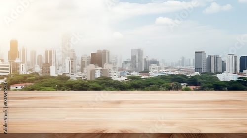 Wood table top on white abstract background form office building.For montage product display or design key visual layout 