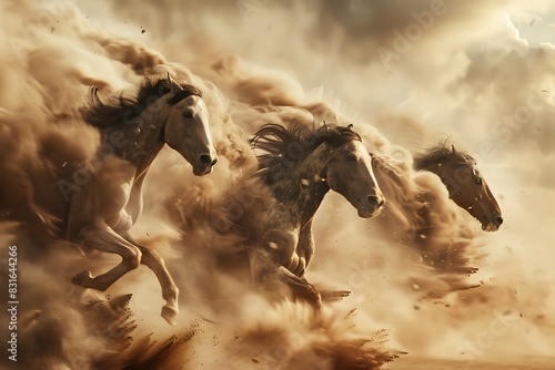 Horse racing track with horses neck-and-neck, kicking up dust clouds in the shape of mythical creatures. photo