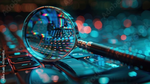 Closeup magnifying glass data analysis with glowing neon blue color scene on laptop keyboard